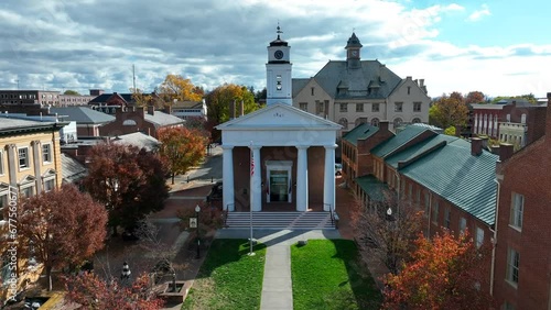 Shenandoah Valley Civil War Museum and Old Frederick County Courthouse in downtown Winchester, Virginia in autumn. Aerial establishing shot. photo