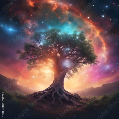 The birth of creation as a leafy tree in an epic galactic sky background