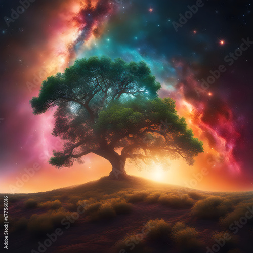 The birth of creation as a leafy tree in an epic galactic sky background