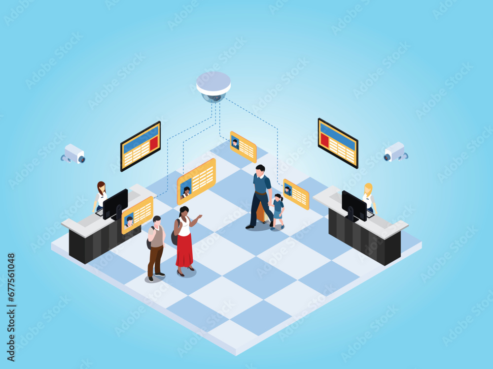 ATM cash machine identification surveillance cctv isometric 3d vector illustration concept ATM cash machine identification surveillance cctv isometric 3d vector illustration concept
