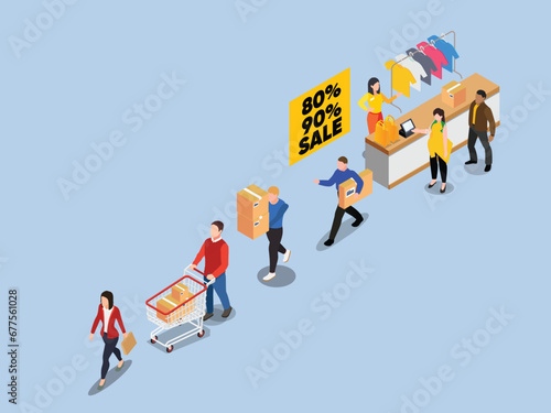 Customers with goods in trolleys stand in line at shop with saleswoman on cashier desk isometric 3d vector illustration concept for banner, website, landing page, flyer, etc