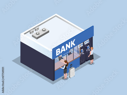 Bank exterior building with ATM machines and customer service isometric 3d vector illustration concept for banner, website, landing page, flyer, etc