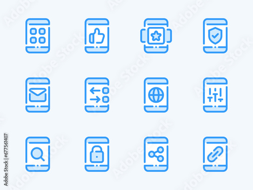 Mobile Phone Applications and Services vector line icons. Smartphone Preferences outline icon set. Access, Mail, Search, App, Internet, Configurations, Link and more.