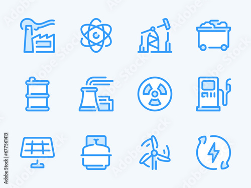 Energy Production and Power Station vector line icons. Production Factory and Industry outline icon set. Solar Panel, Nuclear Power, Coal Mining, Wind Tower, Oil Derrick and more.