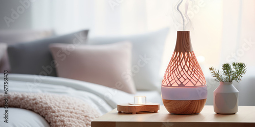 An aroma diffuser and a humidifier placed on a bed in a room photo