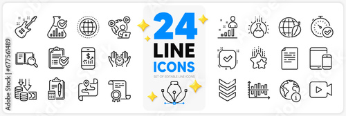 Icons set of Fast verification , Chemistry experiment and Certificate line icons pack for app with Shoulder strap, Deflation, Environment day thin outline icon. Ranking stars, Document. Vector