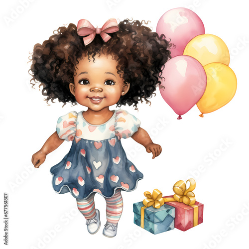 Cute Birthday Baby Girl African American Watercolor Clipart Illustration