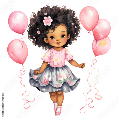 Cute Birthday Baby Girl African American Watercolor Clipart Illustration