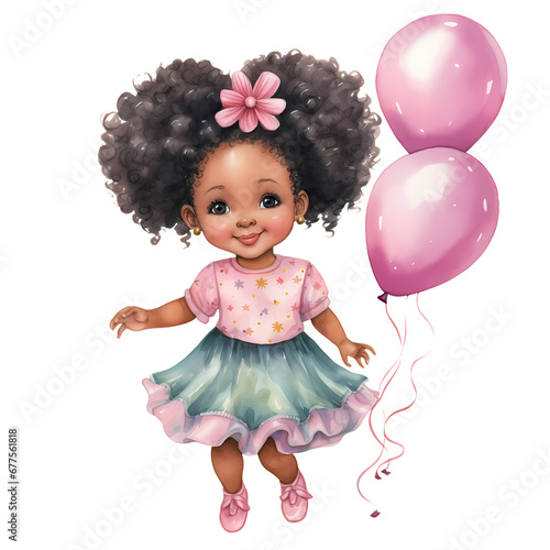 Cute Birthday Baby Girl African American Watercolor Clipart Illustration