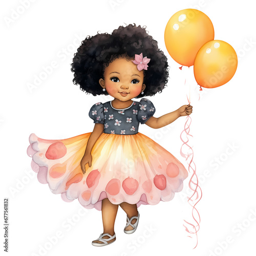 Cute Birthday Baby Girl African American Watercolor Clipart Illustration