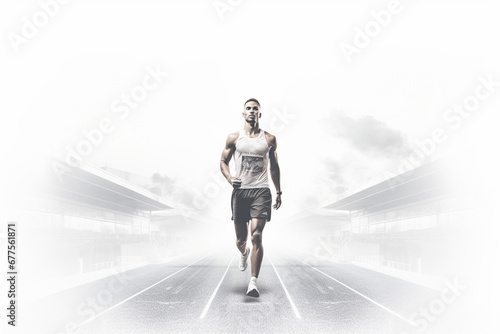 .Double exposure photography of athlete and runway stadium, on white background