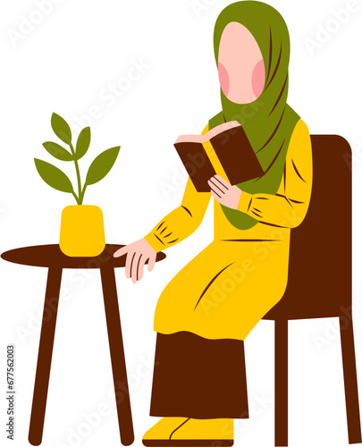 Illustration Of Hijab Woman Reading Book