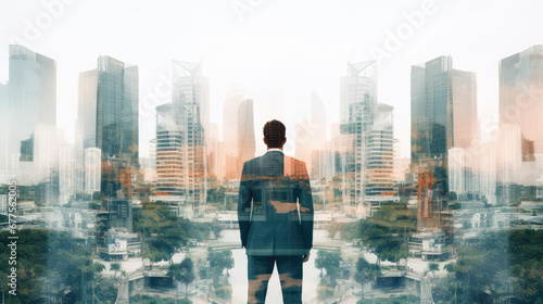 double exposure photography of business man and the beautiful bangkok city