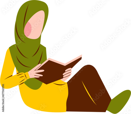 Illustration Of Hijab Woman Reading Book