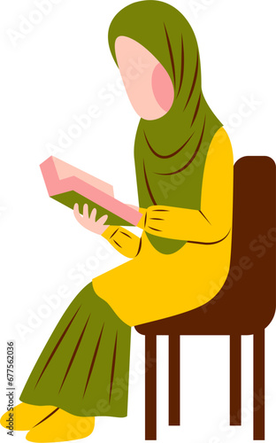 Illustration Of Hijab Woman Reading Book