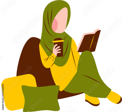 Illustration Of Hijab Woman Reading Book