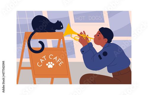 Street musician plays wind instruments. Young performer, trumpet player blowing on golden horn in city. Talented trumpeter performs melody for urban cat. Outdoor performance. Flat vector illustration