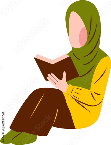 Illustration Of Hijab Woman Reading Book