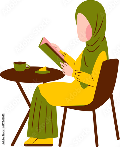 Illustration Of Hijab Woman Reading Book
