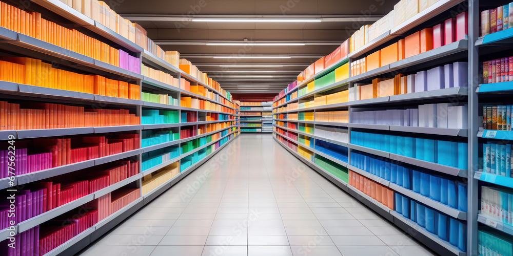 An aisle filled with a variety of shelves - obrazy, fototapety, plakaty 