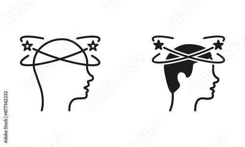 Man Feel Dizzy Line and Silhouette Black Icon Set. Tired Man with Nausea Pictogram. Migraine, Headache, Dizziness, Distracted Head Symbol Collection on White Background. Isolated Vector Illustration