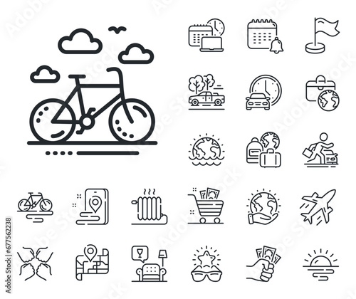 Bicycle rent sign. Plane jet, travel map and baggage claim outline icons. Bike rental line icon. Hotel service symbol. Bike rental line sign. Car rental, taxi transport icon. Place location. Vector