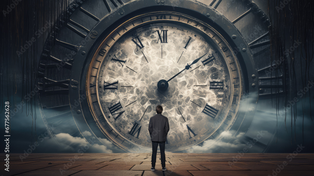 man standing in front of a large clock illustrating passage of time - obrazy, fototapety, plakaty 