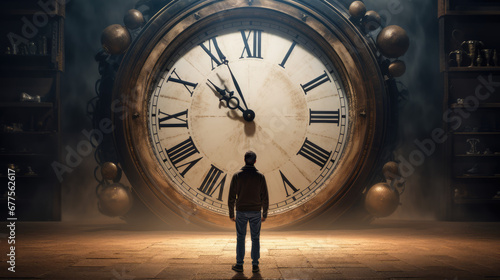 man standing in front of a large clock illustrating passage of time