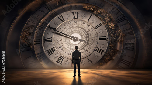 man standing in front of a large clock illustrating passage of time
