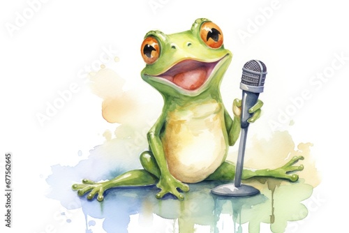 cartoon watercolor frog with microphone on white background