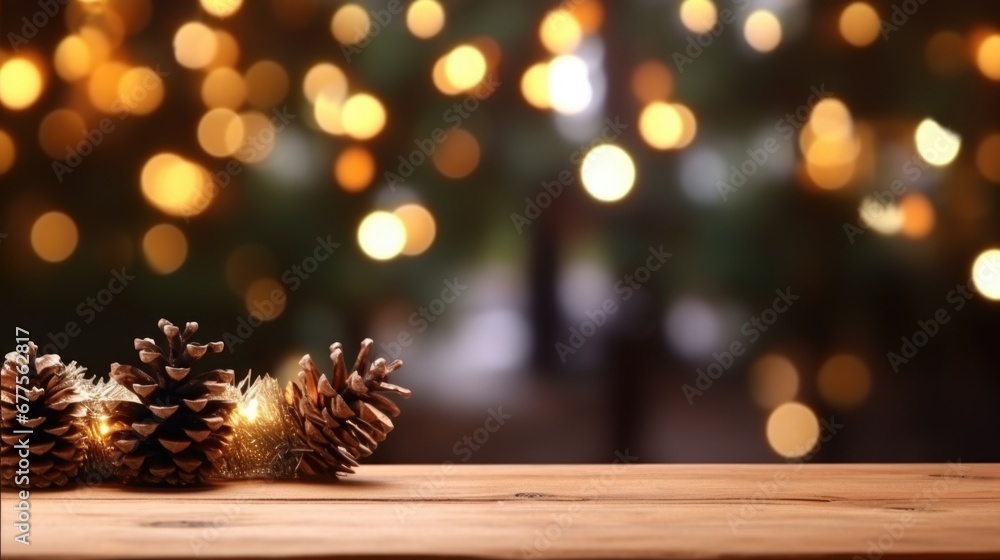 Merry Christmas and Happy New Year background with empty wooden table over Christmas tree and blurred light bokeh. Empty display for product placement. Rustic vintage Xmas 2024 background. comeliness