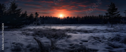 Winter solstice in snowy forest or park natural scene. Hibernal solstice. Sparkling snow in the snowy forest and low sun. Winter solstice half of Earth is tilted the farthest away from the sun