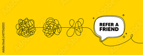 Refer a friend tag. Simplify complex process with speech bubble. Referral program sign. Advertising reference symbol. Refer friend speech bubble message. Tangle chaos. Easy solution. Vector