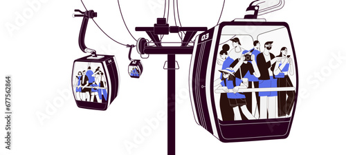Tourists crowd in transparent cabin of cableway. People travel by rope way, inside glass cablecar. Passenger standing on suspended cable ropeway. Monochrome flat isolated vector illustration on white