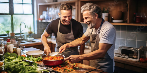 Cheerful Gay Couple Enjoys Quality Time Cooking Together in Kitchen