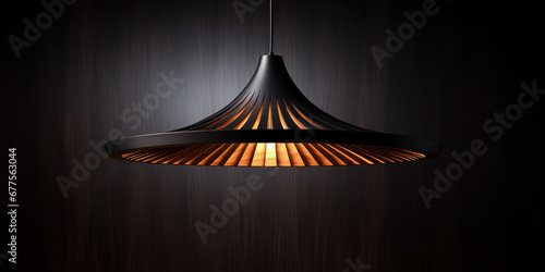 Suspended light fixture over a black wood surface photo
