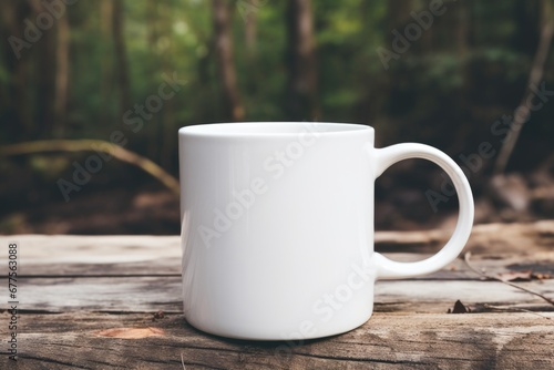 Empty blank mock up of white ceramic coffee mug on a forest background