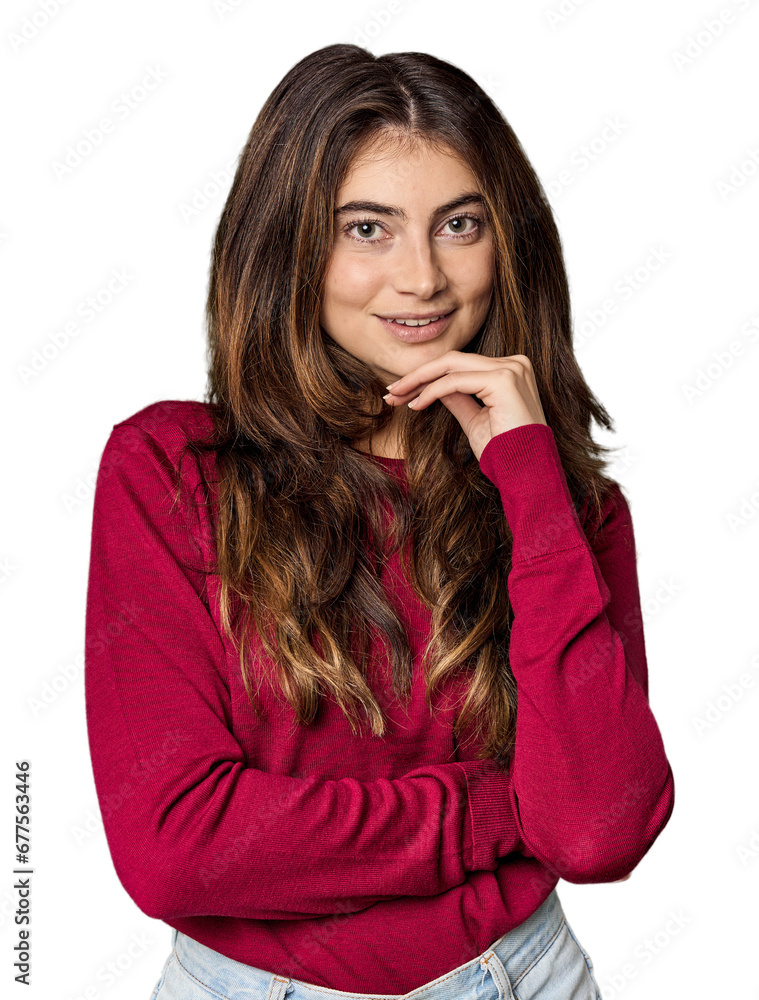 Young Caucasian woman in red sweater in studio Young Caucasian woman in red sweater in studio