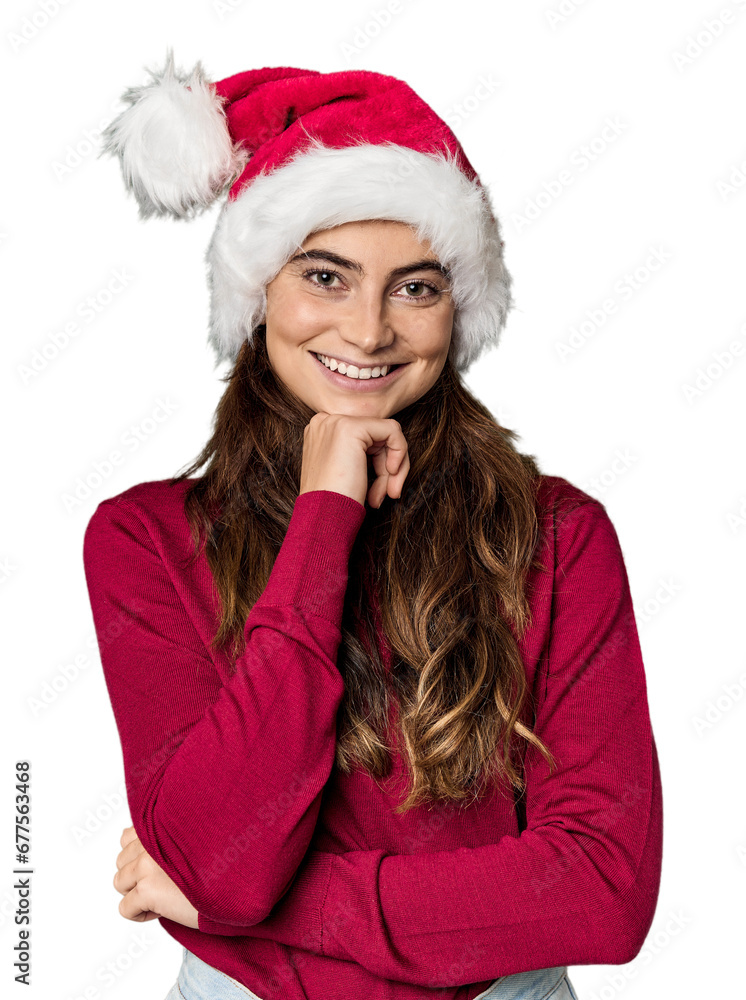 Joyful Caucasian woman in Christmas hat & red sweater Joyful Caucasian woman in Christmas hat & red sweater