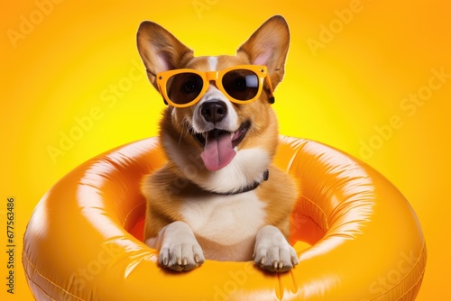 corgi dog wearing sunglasses with inflatable beach pool swim ring on yellow background © dashtik