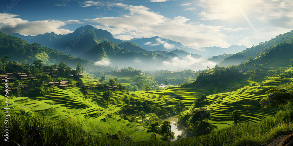 Panorama of dense jungle and terraced rice fields - obrazy, fototapety, plakaty 