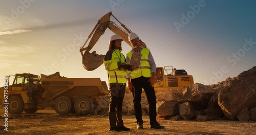 Caucasian Male Engineer Talking To Female Hispanic Architect With Laptop On Construction Site Of Apartment Building. Real Estate Developer Discussing Infrastructure. Heavy Machinery Working. Cinematic photo