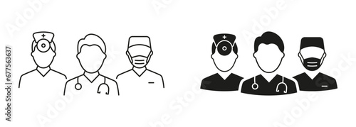 Medical Specialists Group Pictogram Set. Doctors and Nurse Team Line and Silhouette Icons. Healthcare Professional Hospital Staff Black Symbol Collection. Isolated Vector Illustration