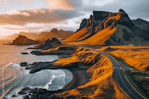Obraz na plátně Scenic road in Iceland, beautiful nature landscape aerial panorama, mountains an