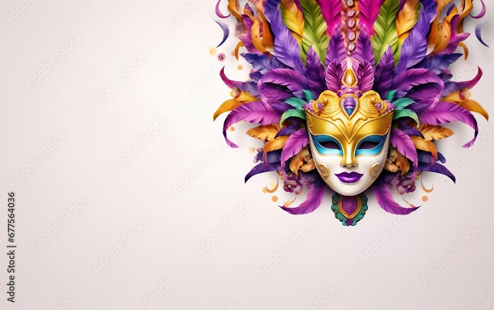 Happy Mardi Gras poster. Costume party banner template with a Venetian masquerade mask isolated on white background, copy space. Paper mache style face covering for carnivals. AI Generative