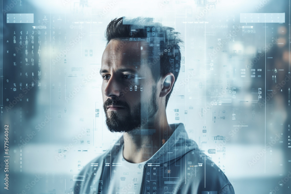 .Double exposure photography of software engineer and coding screen, on ...