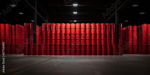 Red barrels neatly arranged in an otherwise empty warehouse