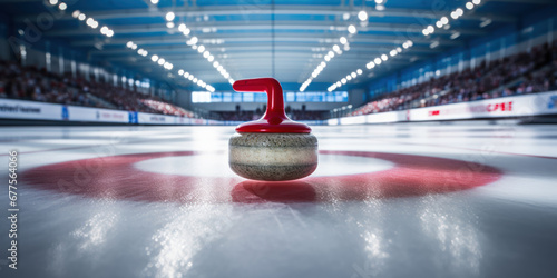 Curling stone positioned at the heart of the rink