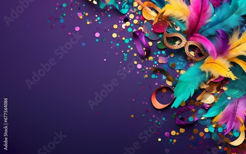 Happy Mardi Gras poster. A banner template with Venetian masquerade decorations, mask, confetti and feathers isolated on purple background, copy space. Costume party flyer for carnivals. AI Generative photo