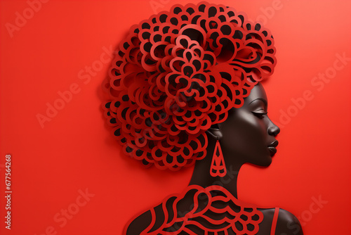 black history month black woman with afro face profile paper cut style on a red background, artistic collage